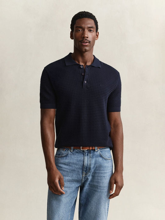 Gant Men Navy Blue Solid Regular Fit Pure Cotton Polo Sweater