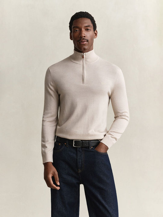 Gant Men Beige Solid Regular Fit Lambswool Sweater
