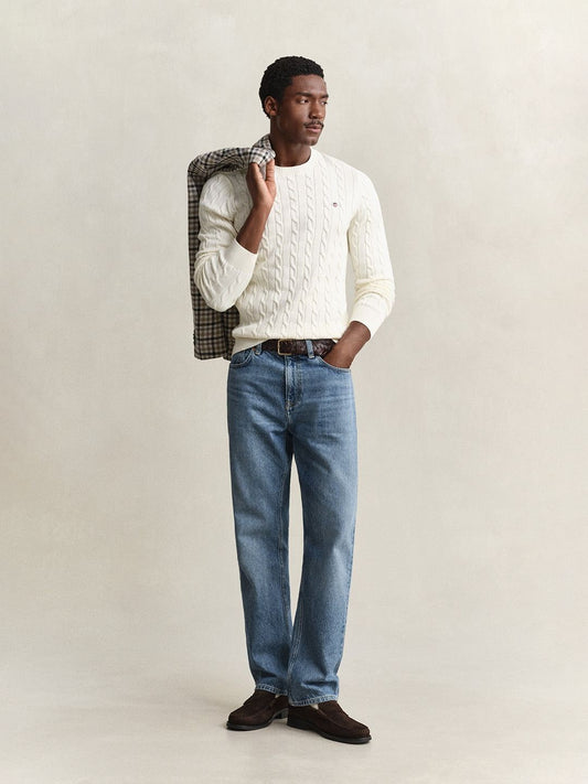Gant Men Cream Textured Regular Fit Pure Cotton Sweater