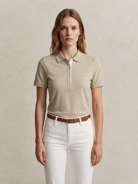 Gant Women Beige Solid Slim Fit Polo T-Shirt