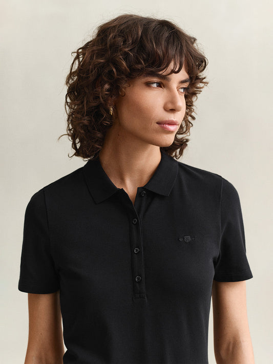 Gant Women Black Solid Slim Fit Polo T-Shirt