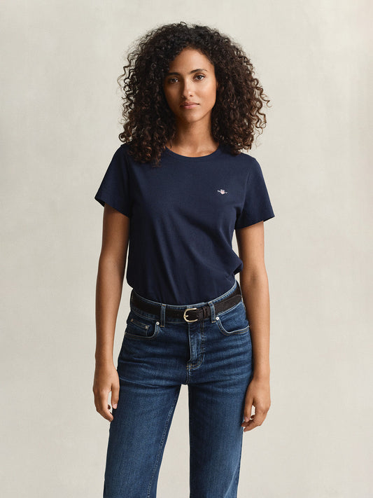 GANT Women Navy Blue Regular Fit Shield T-Shirt