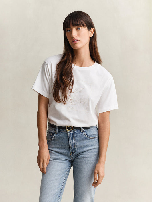 GANT Women White Logo Relaxed Fit Crew Neck T-Shirt