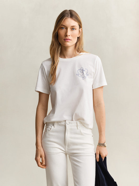 Gant Women White Embroidered Regular Fit Pure Cotton T-Shirt