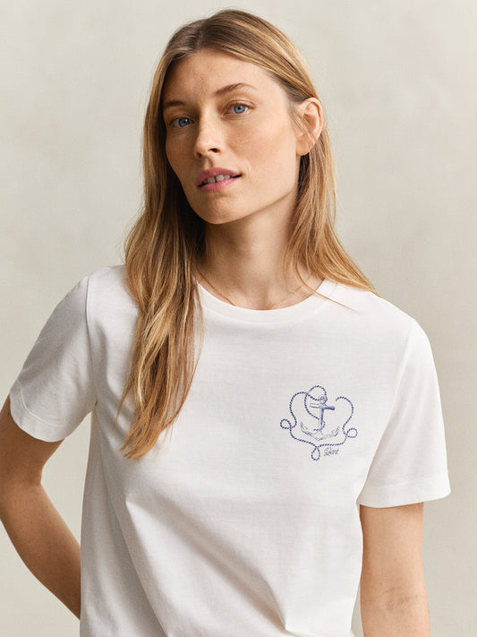 Gant Women White Embroidered Regular Fit Pure Cotton T-Shirt