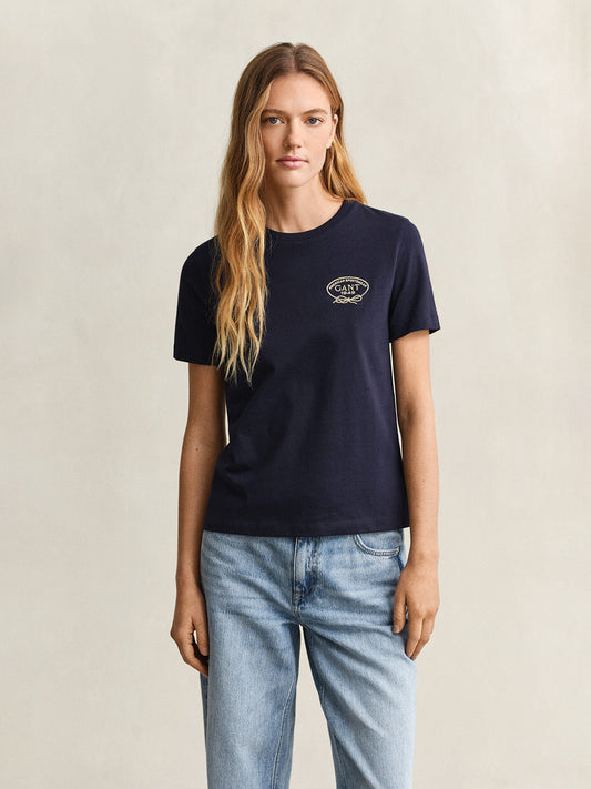 Gant Women Navy Blue Graphic Print Regular Fit Pure Cotton T-Shirt