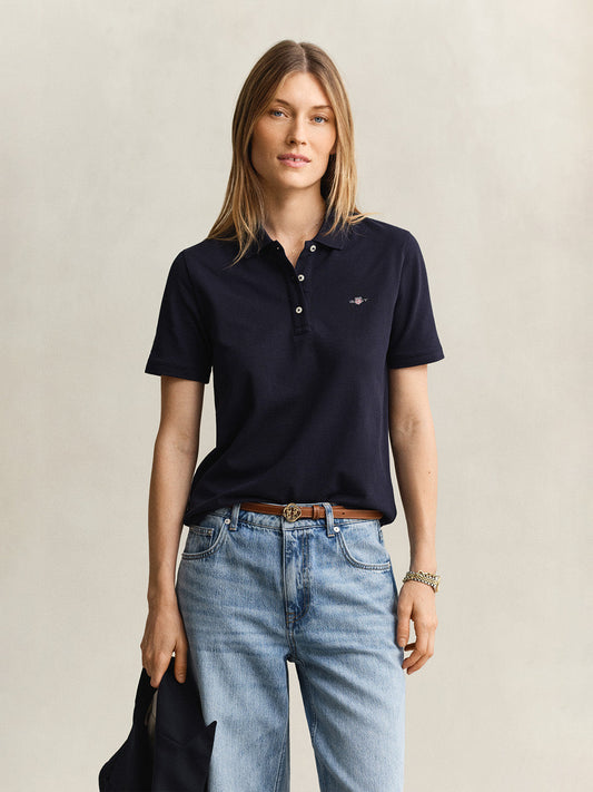 GANT Women Navy Blue Regular Fit Pique Polo T-Shirt