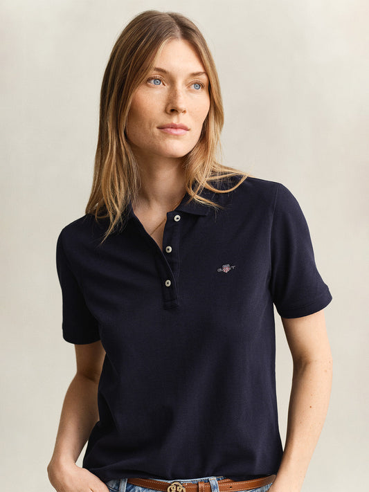 Gant Women Navy Blue Solid Regular Fit Polo T-Shirt