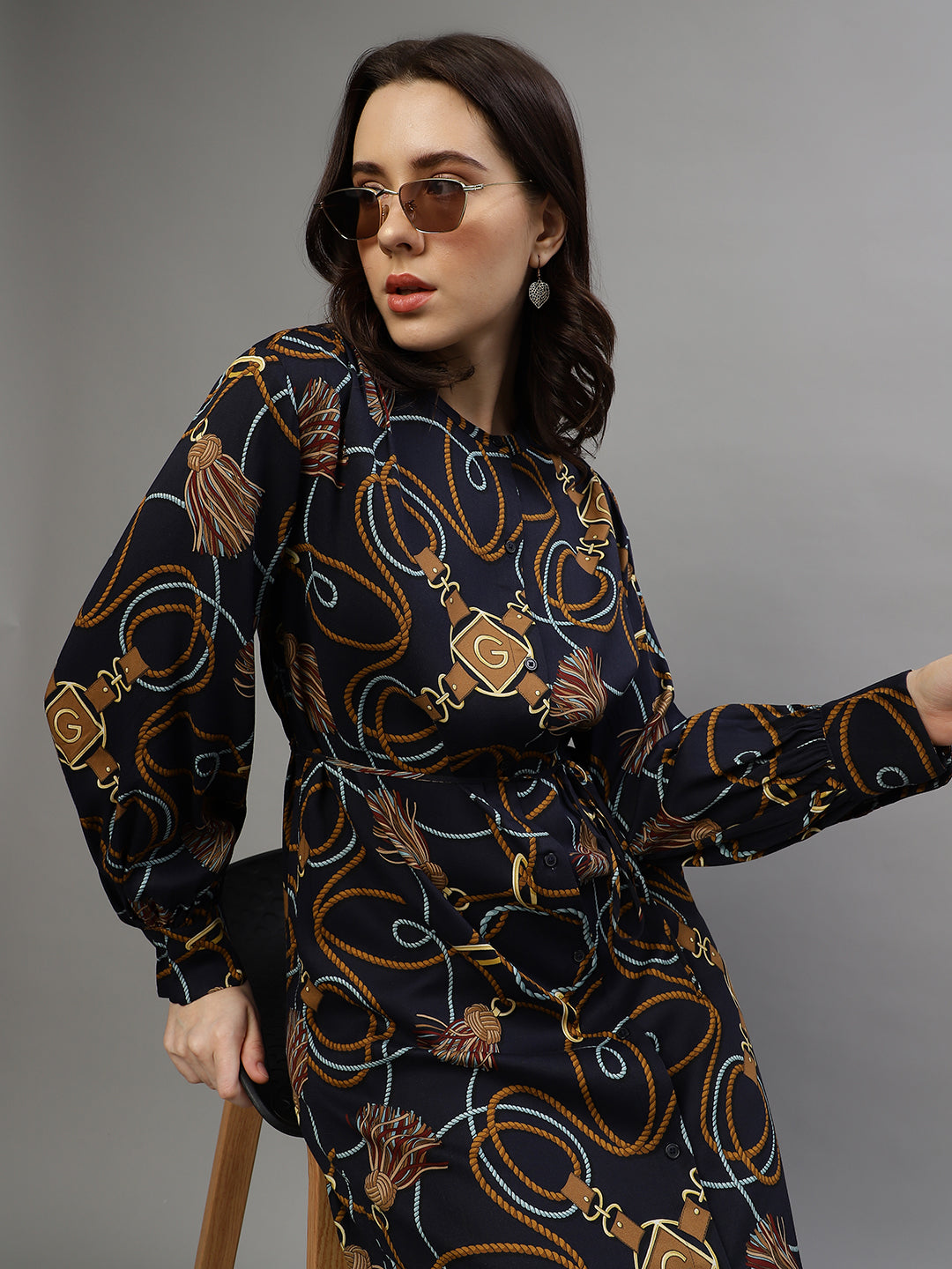 Shop Gant Women Printed Round Neck Full Sleeves Dress Online
