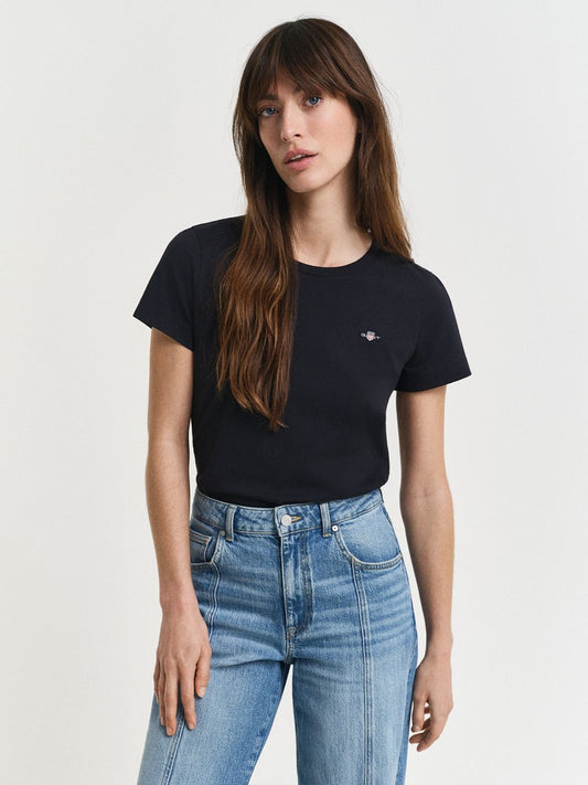 Gant Women Black Solid Regular Fit Pure Cotton T-Shirt