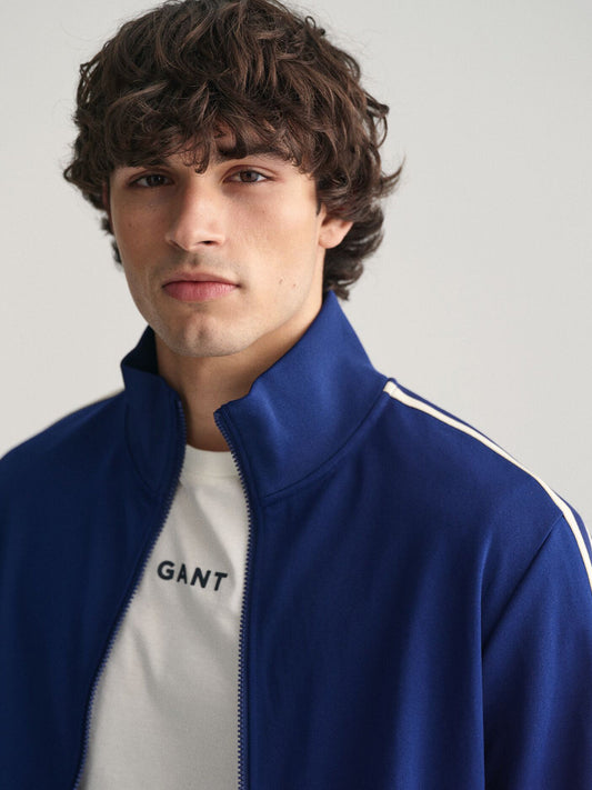 Gant Men Navy Blue Embroidered Spread Collar Full Sleeves Front-Open Sweatshirt