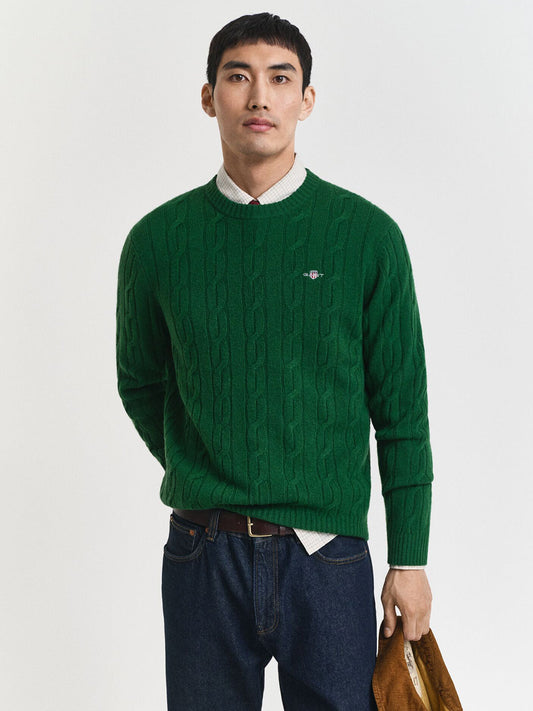 Gant Men Green Solid Crew Neck Sweater
