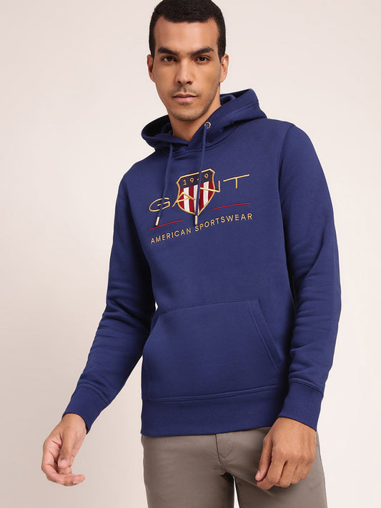 Gant Men Blue Solid Hooded Sweatshirt