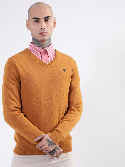 Gant Men Orange Solid V Neck Sweater