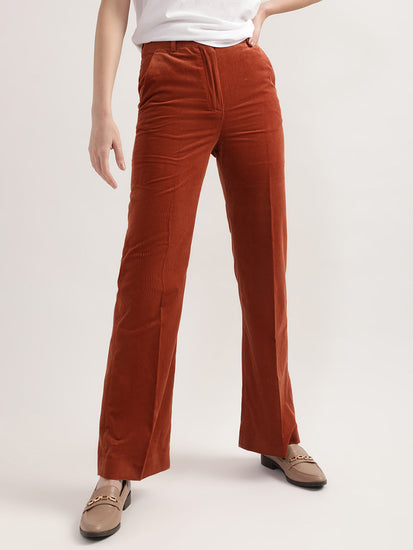 Gant Women Rust Striped Cotton Straight Fit Bootcut Trousers