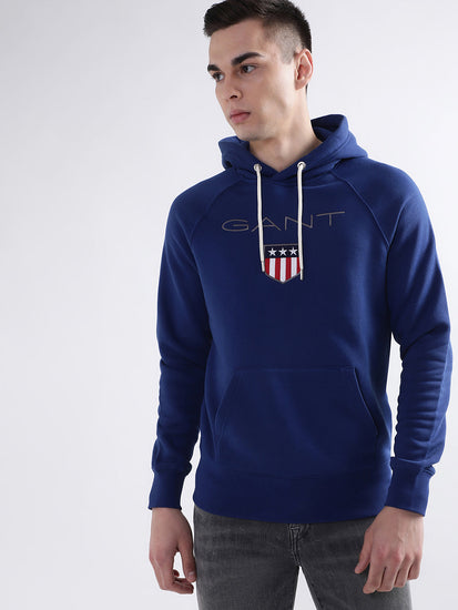 Gant Men Blue Solid Hooded Sweatshirt