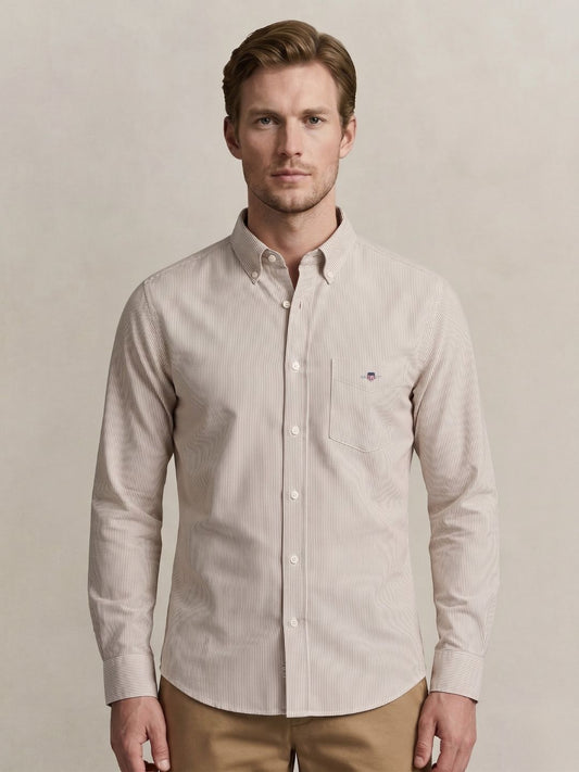 Gant Men Beige Striped Regular Fit Classic Poplin Shirt