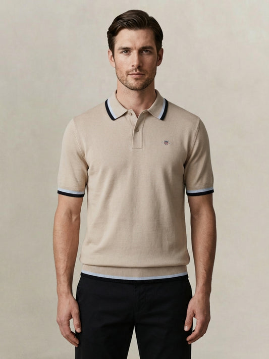Gant Men Beige Solid Regular Fit Pure Cotton Polo T-Shirt
