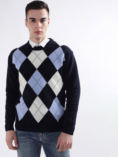 Gant Men Blue Printed Round Neck Sweater