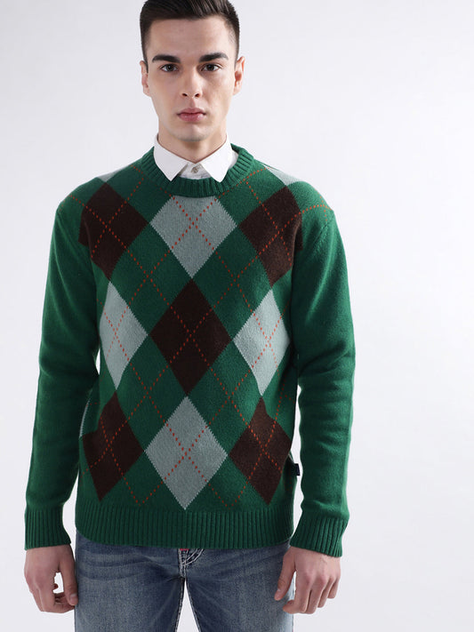 Gant Men Green Printed Round Neck Sweater