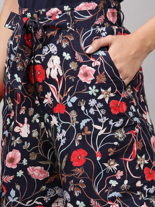 Gant Women Navy Blue Floral Printed Linen Shorts