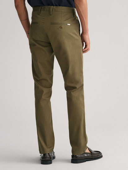 Gant Men Olive Solid Slim Fit Mid-Rise Trouser