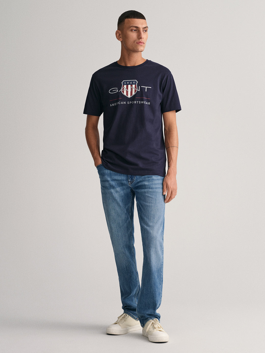 Gant Men Navy Blue Printed Round Neck Short Sleeves T-Shirt