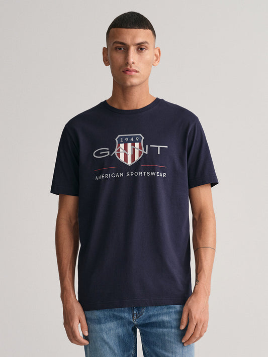 Gant Men Navy Blue Printed Round Neck Short Sleeves T-Shirt