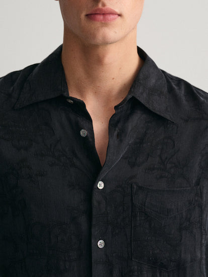 Gant Men Black Embroidered Spread Collar Full Sleeves Shirt