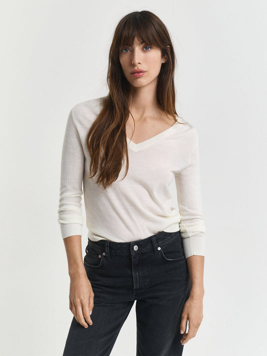 Gant Women Cream Solid V Neck Sweater