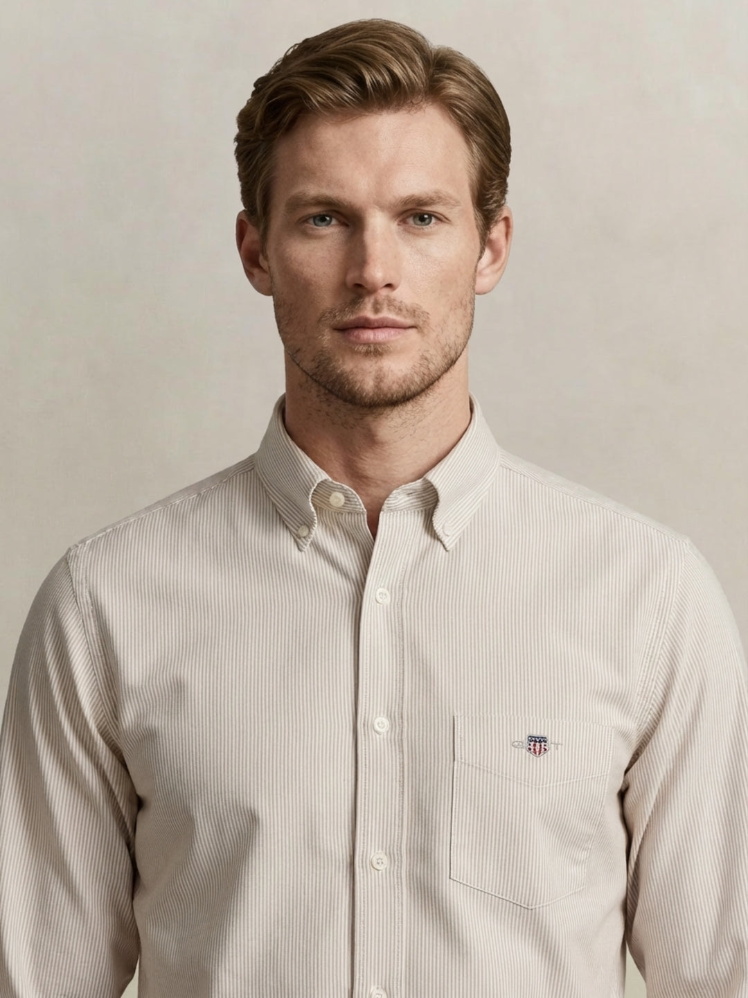 Gant Men Beige Striped Regular Fit Classic Poplin Shirt