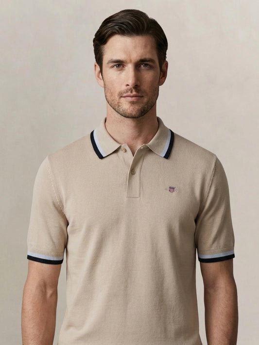Gant Men Beige Solid Regular Fit Pure Cotton Polo T-Shirt