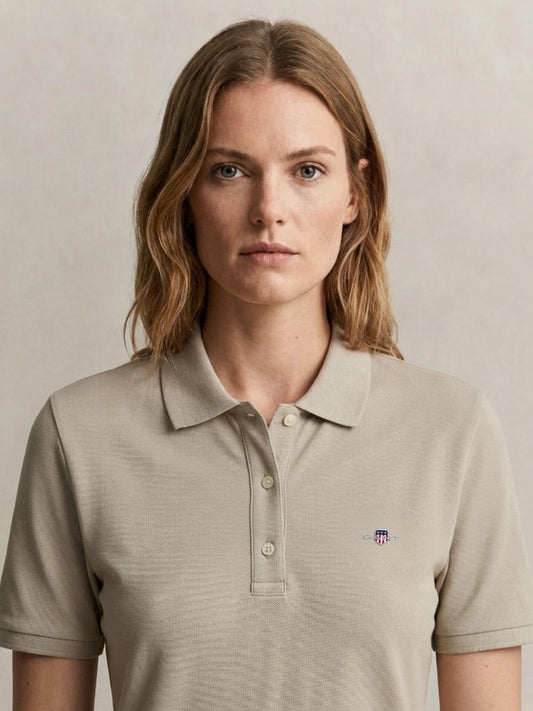 Gant Women Beige Solid Regular Fit Polo T-Shirt