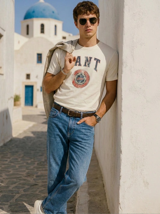 Gant Men Cream Printed Crew Neck Tshirt