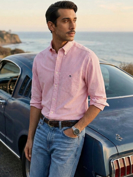 Gant Men Red Striped Regular Fit Classic Oxford Shirt