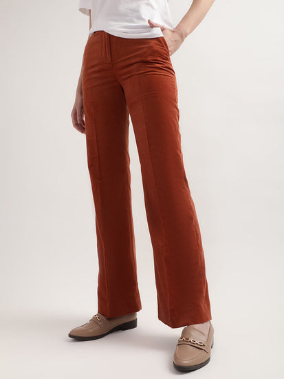 Gant Women Rust Striped Cotton Straight Fit Bootcut Trousers