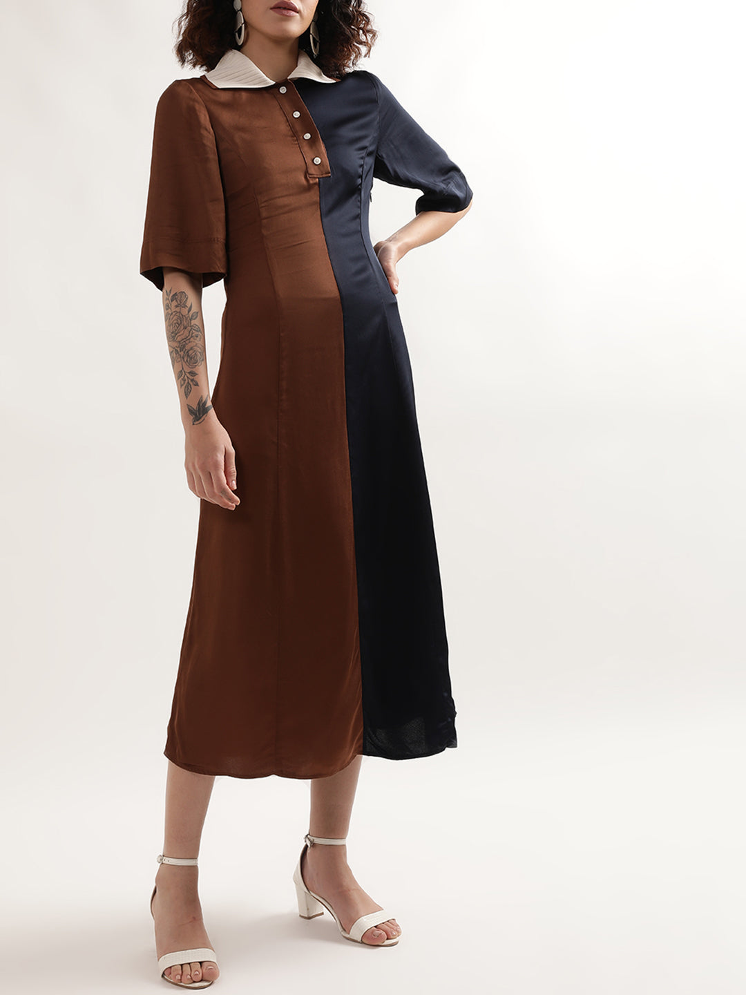 Gant Colourblocked Shirt Collar A-Line Midi Dress