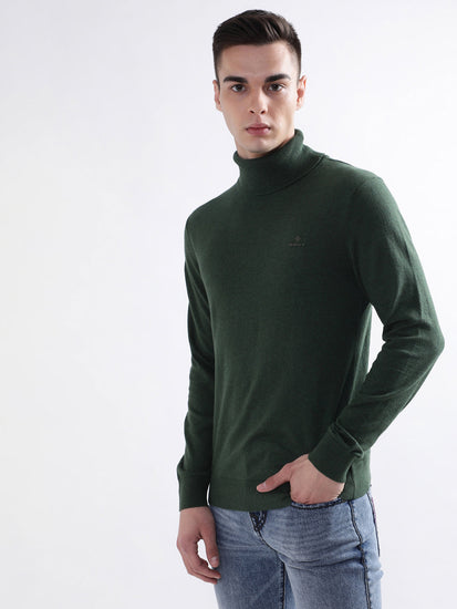 Gant Men Green Solid Round Neck Sweater