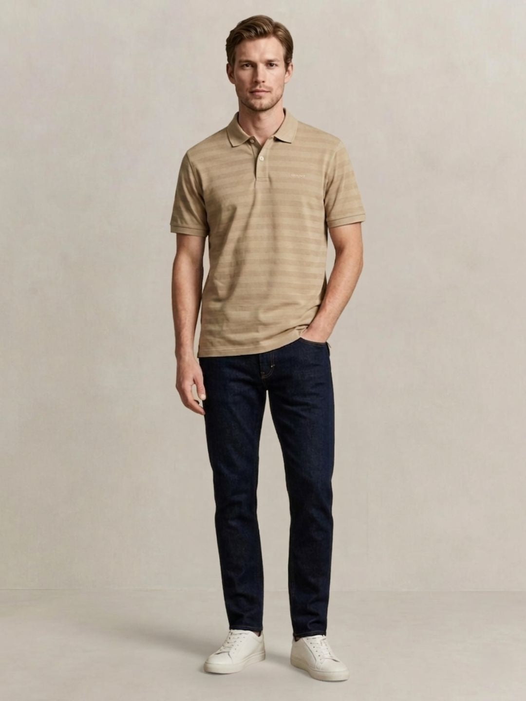 Gant Men Beige Striped Regular Fit Pure Cotton Polo T-Shirt