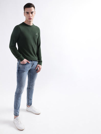 Gant Men Green Solid Round Neck Sweater