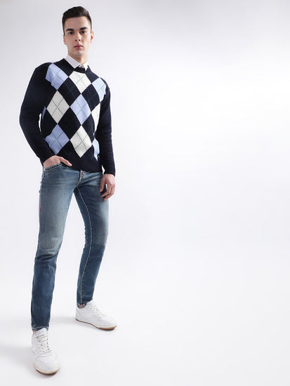 Gant Men Blue Printed Round Neck Sweater