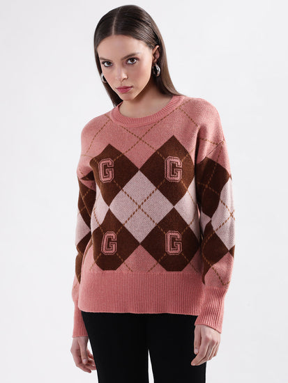 Gant Women Pink Printed Round Neck Sweater