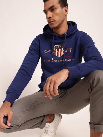 Gant Men Blue Solid Hooded Sweatshirt