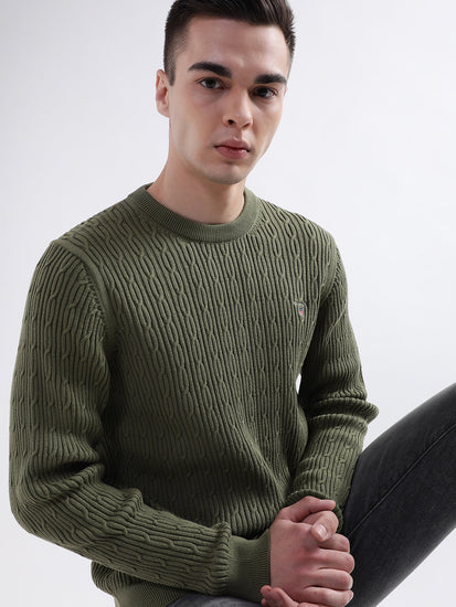 Gant Men Green Solid Round Neck Sweater