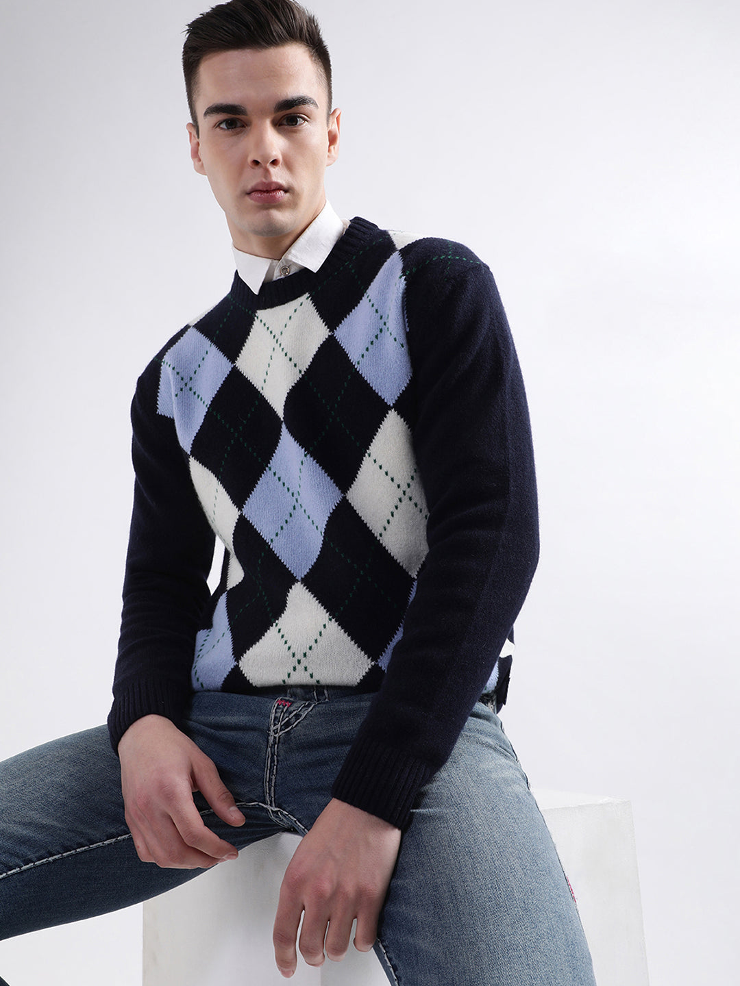 Gant Men Blue Printed Round Neck Sweater