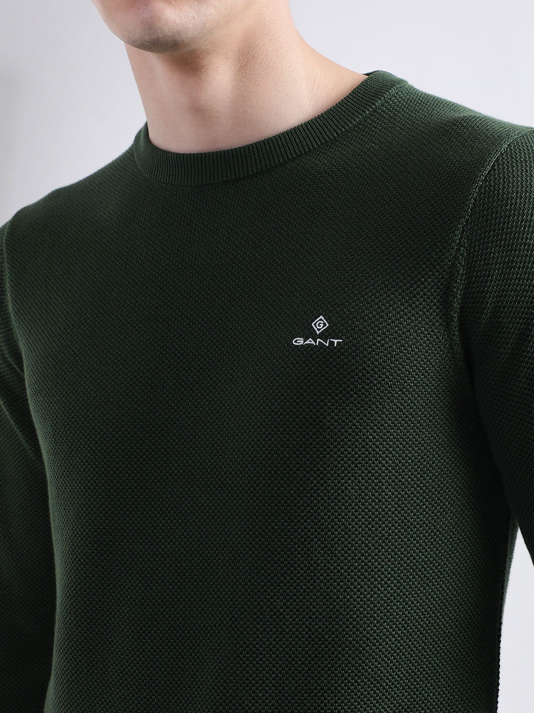 Gant Men Green Solid Round Neck Sweater