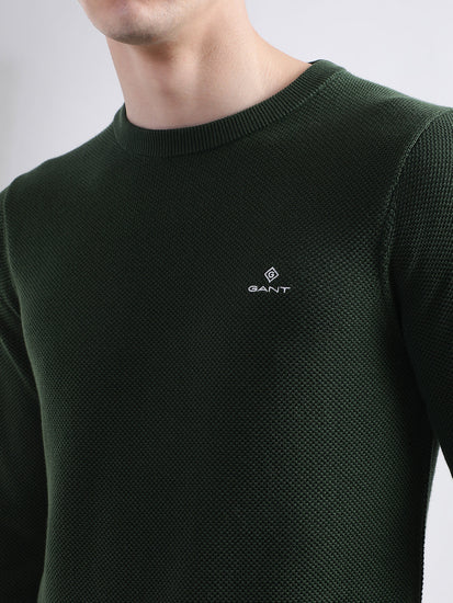 Gant Men Green Solid Round Neck Sweater