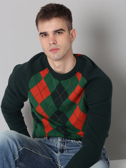 Gant Men Green Solid Round Neck Sweater