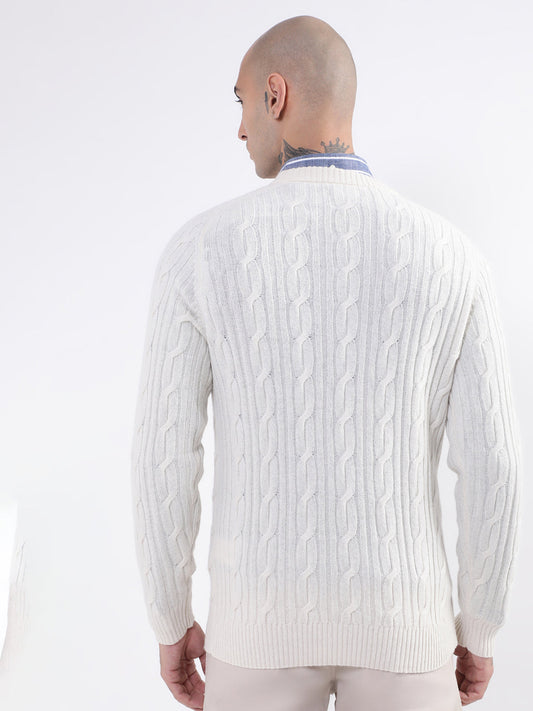 Gant Men Cream-Coloured Cable Knit Pullover