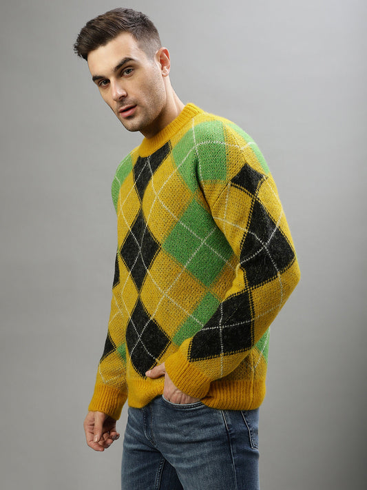 Gant Men Yellow Checked Round Neck Full Sleeves Sweater